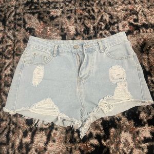 Distressed Frayed High-Rise Denim Shorts